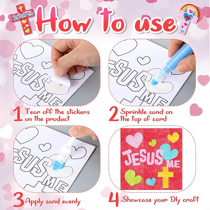 24 Sets Valentine's Day Religious Craft Kit Jesus Loves Me Sand Art Heart Crosses Painting Kit with Colored Sand Brushes Valentine Christian for Valentine Gift Sunday School DIY Activities
