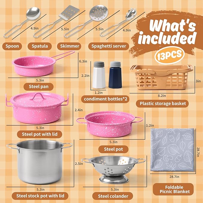 Kids Play Kitchen Toy Accessories Set Toddler Cooking Playset Colorful Stainless Steel Pots and Pans Birthday Gifts for 3+ Girls Boys (New Pink)