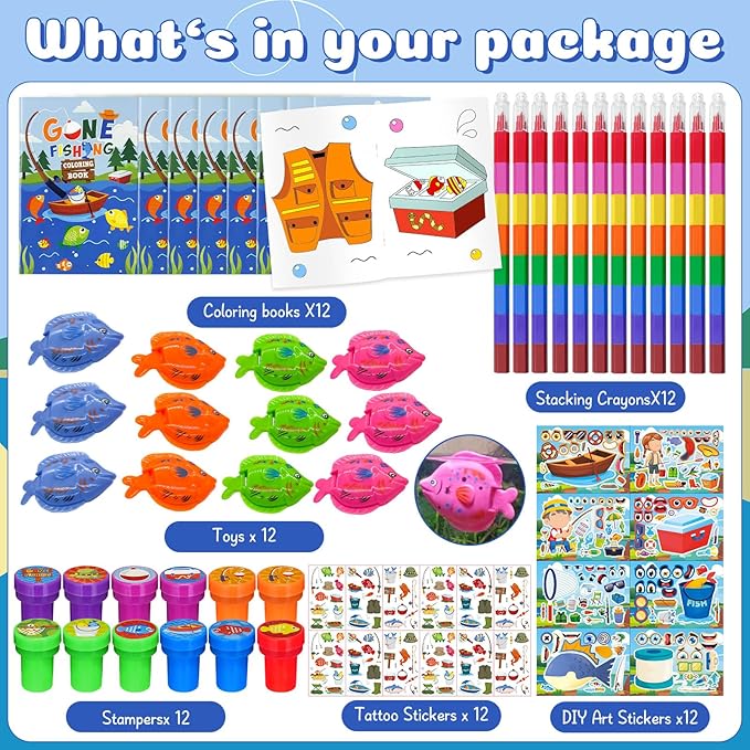 72 Pcs Gone Fishing Party Coloring Book with Crayons Bulk,Summer Fishing Party Favors Goodie Bags Fillers,Little Fisherman Birthday Party Supplies Face Stickers Tattoo Prizes Gift for Summer Party