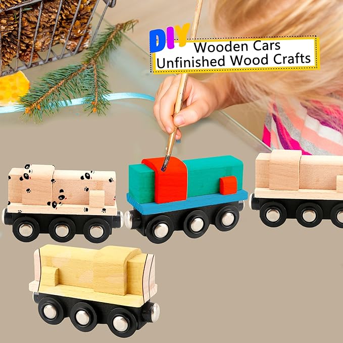 12 Pcs Wooden Trains Toys Unpainted Wood Train Cars Weak Magnetic Suction Paintable Wooden Railway for Kids Educational Toys Birthday Christmas Party Gifts (Style Set 2)