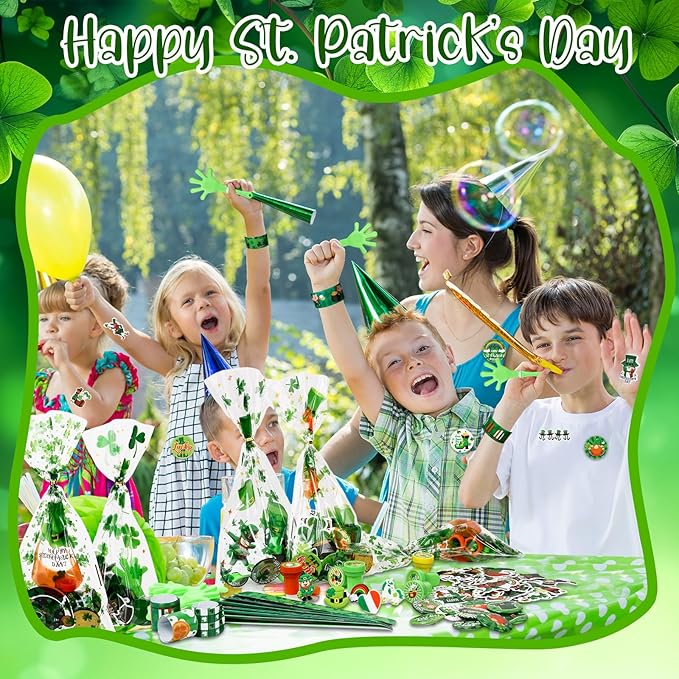 218 Pcs St. Patrick's Day Accessories Party Favors for Kids Include Gift Bag Slap Bracelet Badge Sticker Stamper Ring Hand Clapper Coin, St. Patrick's Day Gifts Irish Party Supplies