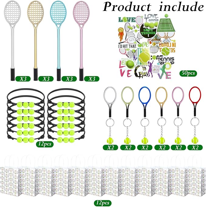 98 Pcs Tennis Party Favors, Tennis Party Decorations Includes 50 Tennis Stickers 12 Mini Tennis Racket Keychain 12 Tennis Charm Bracelets 12 Tennis Racket Shape Pens 12 Party Paper Bags
