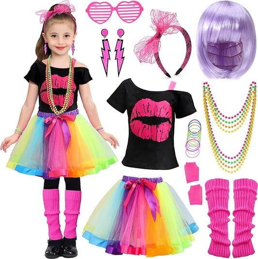 27pcs Kids 80s Outfit Costume Girls 80s Wig Legwarmers Shirt Dress Glasses Earrings Accessories Halloween Party Supplies