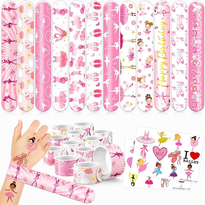 48PCS Ballerina Party Favors - 24PCS Tattoos & 24PCS Slap Bracelets - Birthday Party Supplies, Gifts, Classroom Prizes, Carnival Rewards, Christmas Decorations for Girls & Boys