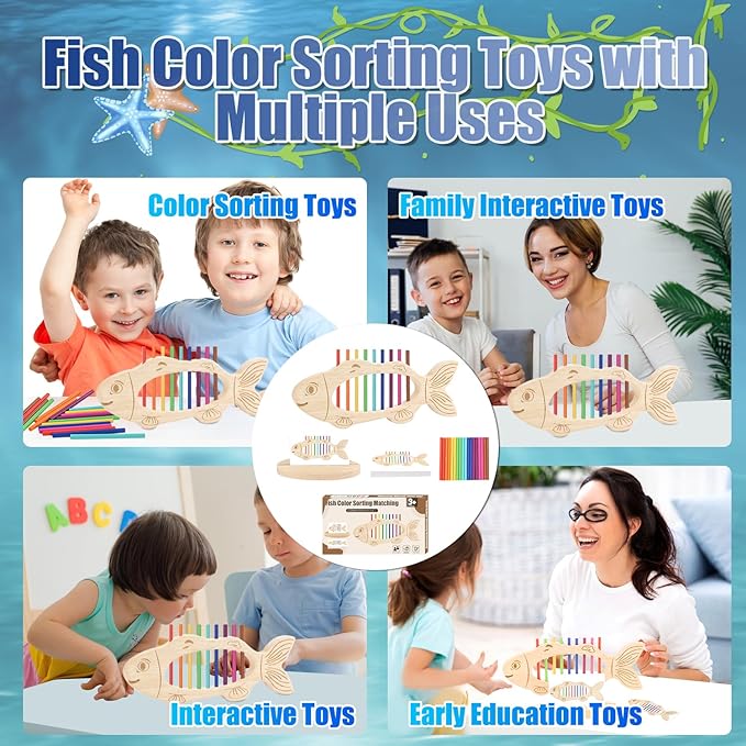 Color Sorting Toys for 3+ Years Old Kids Wooden Fish Shape Montessori Toys Stacking Matching Game Fine Motor Skills for 3 4 5 Toddlers Boys Girls Gift Educational Travel Learning Sensory Color Sorters