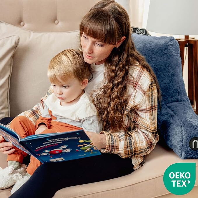 Nestl Fur Reading Pillow, Stylish Back Pillow for Bed Sitting Up, Faux Fur Bed Chair Pillow with Arms, Reading Pillows for Sitting in Bed Adult & Kids, Sit Up Back Support Pillow for Bed Rest - Blue