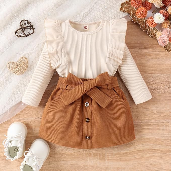Fernvia Toddler Baby Girl Fall Winter Skirt Set Turtleneck Ribbed Long Sleeve T-Shirt Top & Plaid Skirts Dress 2Pcs Outfits