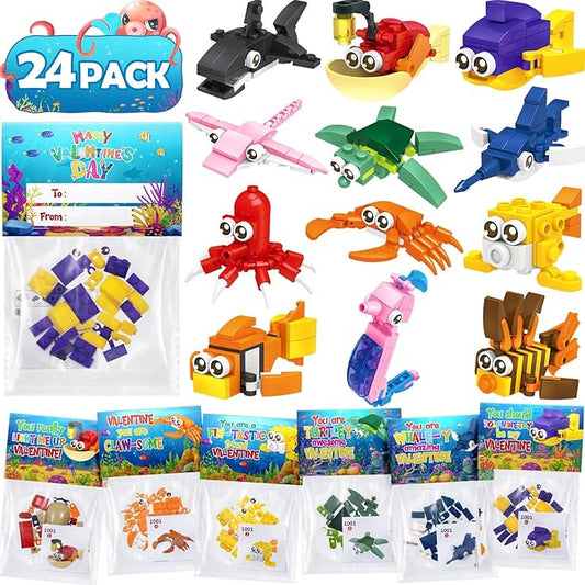 24 Pack Valentines Day Gifts for Kids 8-12, Sea Animal Building Blocks Kit with Gift Cards for Kids School Classroom, Class Valentine Party Favors Exchange for Boys Girls Stuffers Egg Fillers