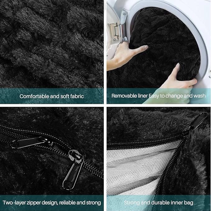 cjc Giant Fur Bean Bag Chair Cover for Kids Adults, (No Filler) Living Room Furniture Big Round Soft Fluffy Faux Fur Beanbag Lazy Sofa Bed Cover(Black, 6FT 150 * 75cm)