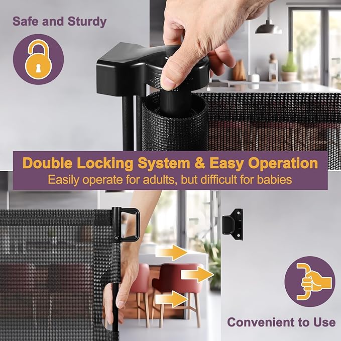 42" Tall X 60" Wide Retractable Baby Gates Extra Tall Pet Gate for Doorways Tall Dog Gate for Kids and Pets Extra Tall Cat Gate for Hallway Adjustable Mesh Gate Indoor Outdoor (Black)