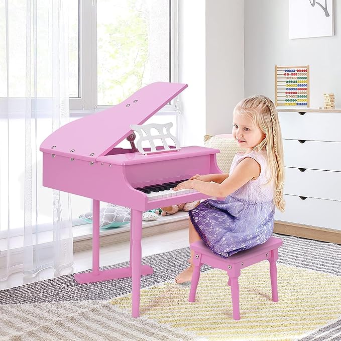HONEY JOY Classical Kids Piano, 30-Key Mini Grand Piano with Music Stand and Bench, Wooden Musical Instrument Toy w/Lid & Music Rack, Gift for Boys Girls Ages 3+ (3 Straight Leg-Pink)