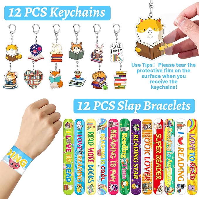 98 PCS Reading Book Party Favors, Reading Book Temporary Tattoos Slap Bracelets Stickers Badges Keychains for Reading Book Birthday Party Decorations Supplies for Kids Boys Girls Book Lovers