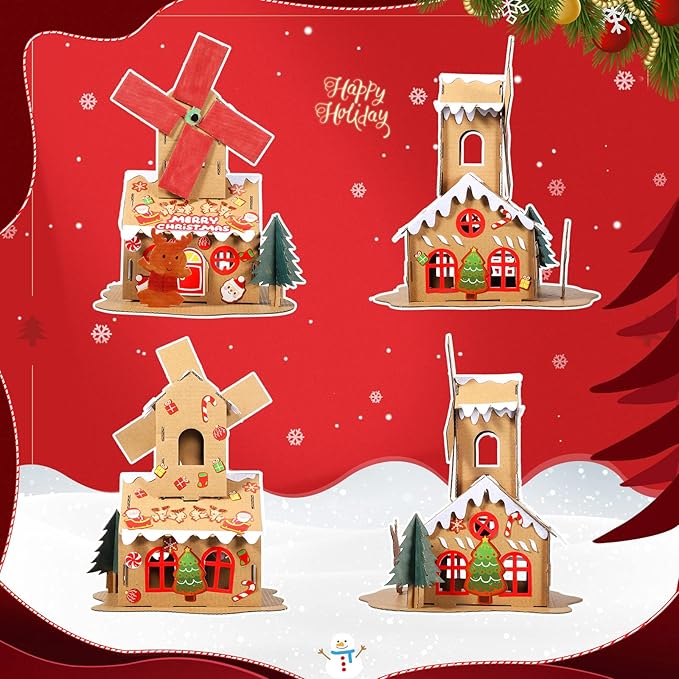 6 Sets Christmas Gingerbread House Kit Christmas Crafts for Kids Mini Christmas Cardboard Make-a-Gingerbread House Craft for Boy Girl Christmas Party Game Craft Supplies(Lovely Style)