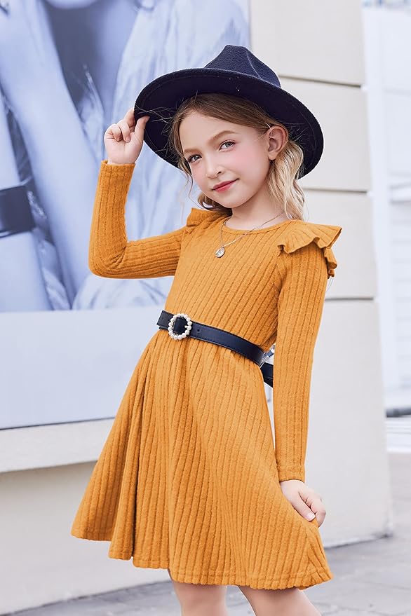 Arshiner Toddler Girl Dress Baby Girls Knitted Ruffle Sleeve Pocket Dresses A-Line Flared Fall Winter Clothes for 2-8 Years