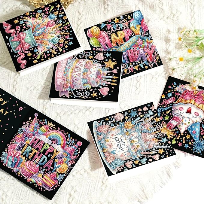 6 Pcs 5D Diamond Painting Greeting Card Kits, Laser Effect Diamond Art Birthday Cards Special Shaped Diamond Art Postcards Crafts for Birthday Holiday (30x15cm)