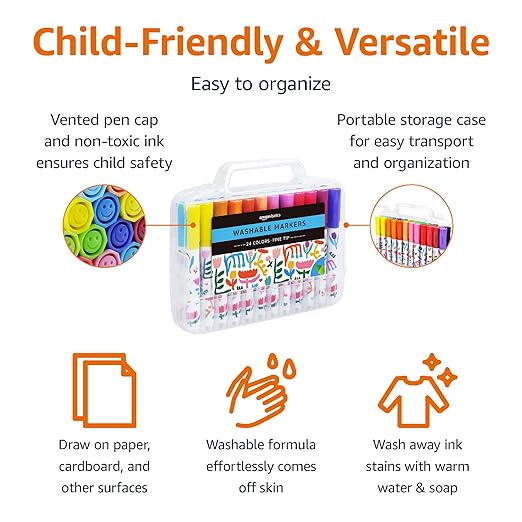 Amazon Basics Washable Markers for Kids, Fine Tip Assorted, Pack 24