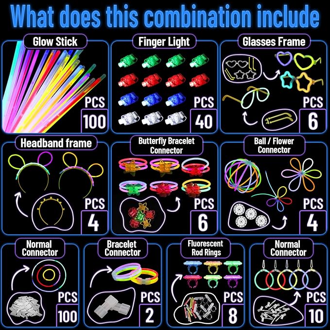 280PCS Glow in the Dark Party Supplies,Glow Party Favors With 100 Glow Sticks Bulk DIY Glow Necklaces Glasses Bracelets Headband Neon Glasses for Adult Kid Birthday Party Supplies Decorations