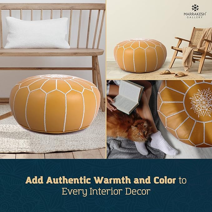 Marrakesh Gallery Genuine Leather Round Pouf Unstuffed - Moroccan Ottoman Footstool, Footrest Cover - Boho Decor - Bohemian Living Room, Bedroom, Kids Room, Gift & Wedding