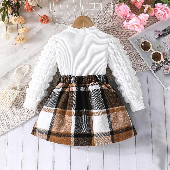 Fernvia Toddler Baby Girl Fall Winter Skirt Set Turtleneck Ribbed Long Sleeve T-Shirt Top & Plaid Skirts Dress 2Pcs Outfits