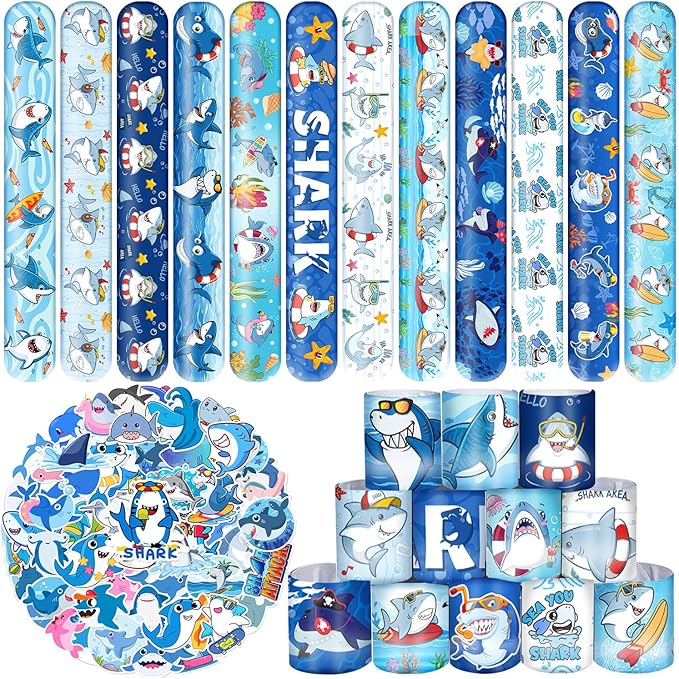 74 PCS Shark Party Favors 24 Shark Slap Bracelets, 50 Shark Stickers Shark Birthday Party Decorations, Supplies, and Gifts for Kids, Classroom Rewards