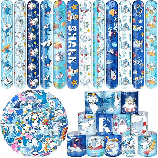 74 PCS Shark Party Favors 24 Shark Slap Bracelets, 50 Shark Stickers Shark Birthday Party Decorations, Supplies, and Gifts for Kids, Classroom Rewards