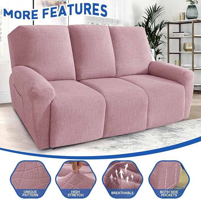 MAXIJIN Waterproof Recliner Couch Cover 5 Pieces Recliner Sofa Covers 3 Seater, Reclining Couch Furniture Protector with Elastic Straps & Pockets for Pet, Kids (Sofa Recliner, Dusty Pink)