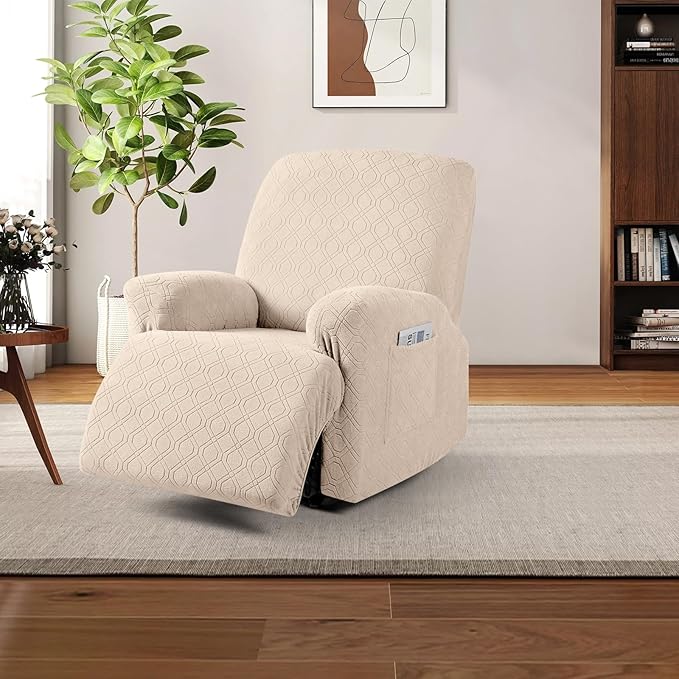 VANSOFY Oversized Recliner Chair Cover, 4-Pieces Stretch Recliner Covers for Recliner Chair Soft Reclining Chair Slipcover Jacquard Pattern Furniture Protector for Dogs Cats(Cream)