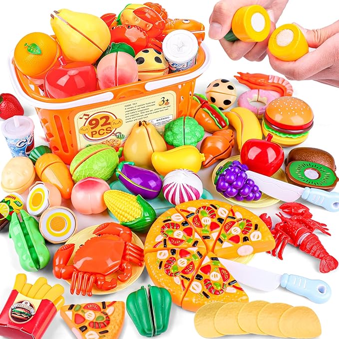 92PCS Cutting Play Food Toy for Kids Kitchen,Play Kitchen Food with Vegetables & Fruit Shopping Basket,Kids Kitchen Accessories set,Kitchen Toys,Food Toys Best Birthday Gift,Play Food for Toddlers 1-3