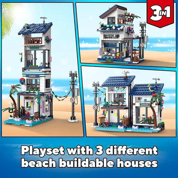 3 in 1 City House Building Sets,Compatible with Lego Creative Modern House with Light,Seaside Beach Villa Japanese Style Cottage Friends Vacation Hut Building Blocks Toys for Kids Ages 6+