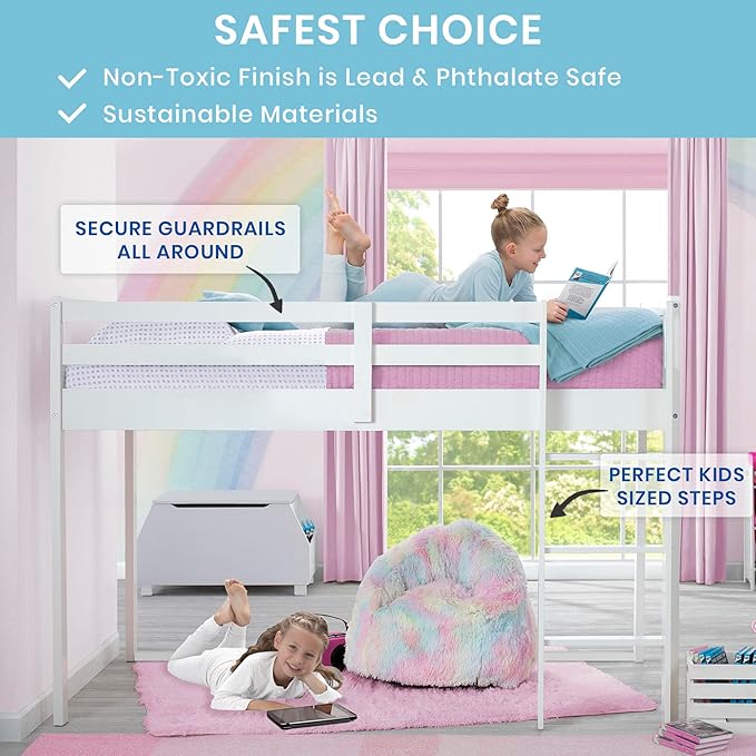 Delta Children Twin Loft Bed with Guardrail and Ladder (Coordinates with Disney Princess & JoJo Siwa Tents Sold Separately), White
