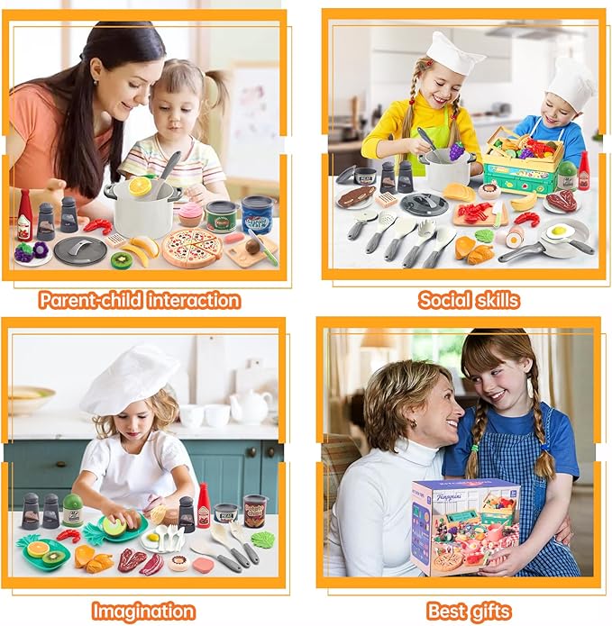 80Pcs Kitchen Playset, Toddler Pretend Cooking with Pots, Pans, Cookware, Food, Picnic Blanket, Fruits, Veges, Shopping Storage Basket, Dessert, Learning Gift for Girls Boys (White)