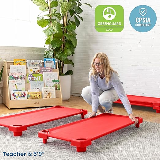 ECR4Kids Stackable Kiddie Cot, Ready-to-Assemble, Standard Size, Classroom Furniture, Red, 6-Pack