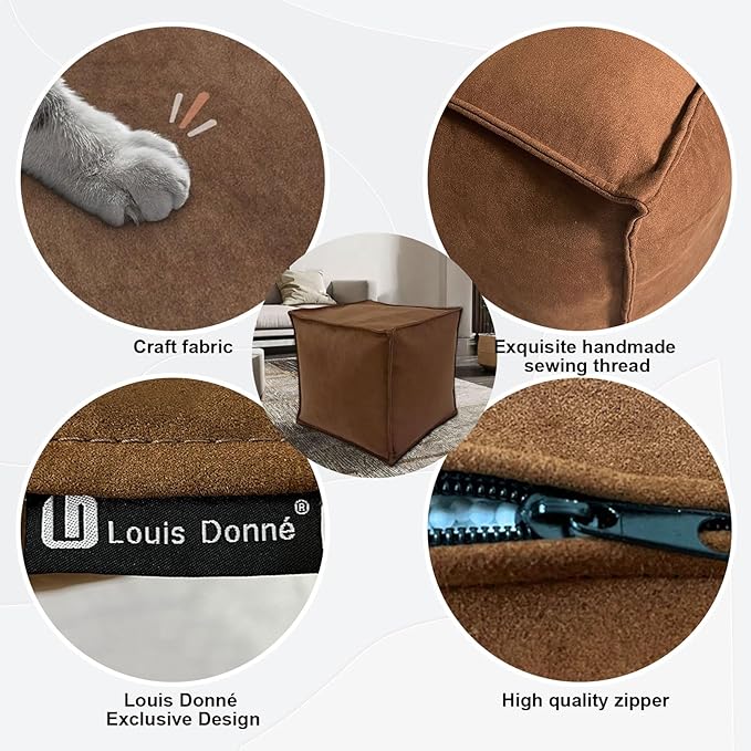 Louis Donné Unstuffed Ottoman Pouf Cover, Soft Handmade Pouf Ottoman Cover Foot Stool, 17.72" Square Small Bean Bag, Ottoman Foot Rest with Storage for Living Rooms Bedrooms, Brown (ONLY Cover)