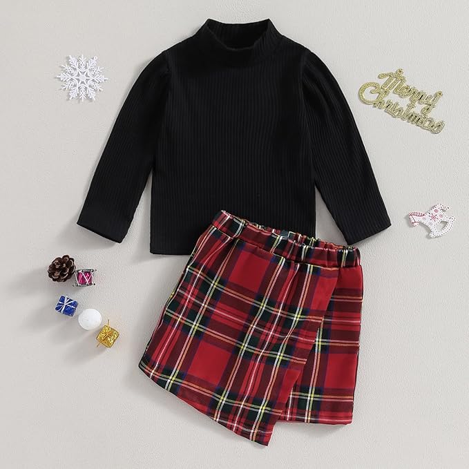 Fernvia Toddler Baby Girl Fall Winter Skirt Set Turtleneck Ribbed Long Sleeve T-Shirt Top & Plaid Skirts Dress 2Pcs Outfits