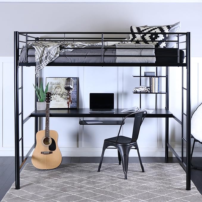 Walker Edison Timothee Urban Industrial Metal Double over Computer Desk Bunk Bed, Full Double, Black
