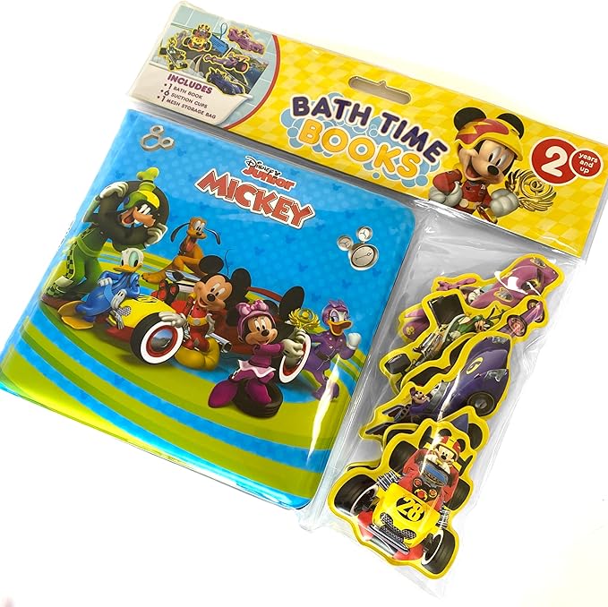 Disney Mickey Bath Time Books - Activity Books for kids, Bath book, 6 Padded suction cups, 1 Mesh bag