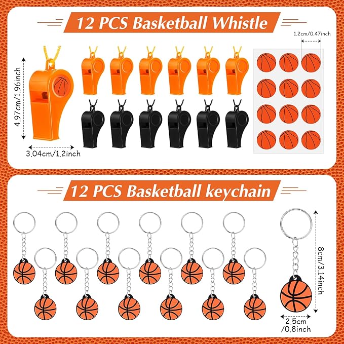 Aoriher 108 Pcs Basketball Party Favors Set Basketball Party Themed Goodie Bag Fillers Mini Basketball Balls Whistle Silicone Bracelet Tattoo Sticker Temporary Keychain for Sport Party Supplies