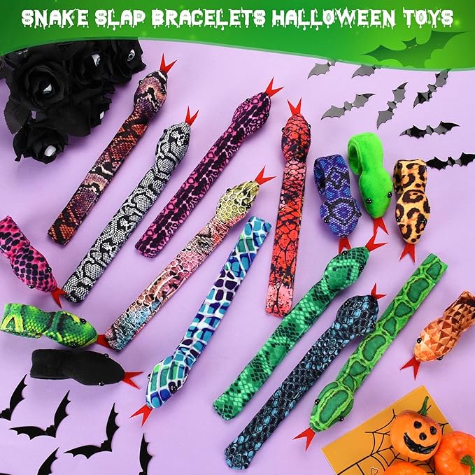 16Pcs Snake Slap Bracelets, Reptile Party Favors Snake Snap Bracelet Fuzzy Animal Slap on Bracelet for Kids Reptile Birthday Party Supplies Christmas Gifts