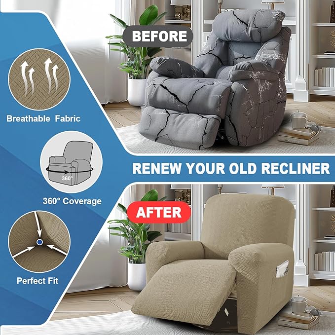 JIVINER 3 Piece Recliner Chair Cover Stretch Lazy Boy Non Slip Covers for Recliner with Pockets Soft Jacquard Reclining Sofa Slipcovers Furniture Protector with Elastic Bottom (1 Seater, Khaki)