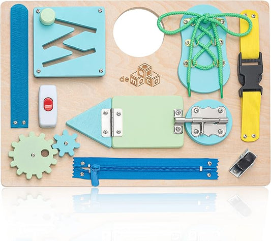 Montessori Busy Board for Toddlers, Wooden Sensory Toddler Busy Board with 10 Preschool Learning Activities for Fine Motor Skills, Activity Kids Travel Toy for Boys & Girls, Packaging May Vary