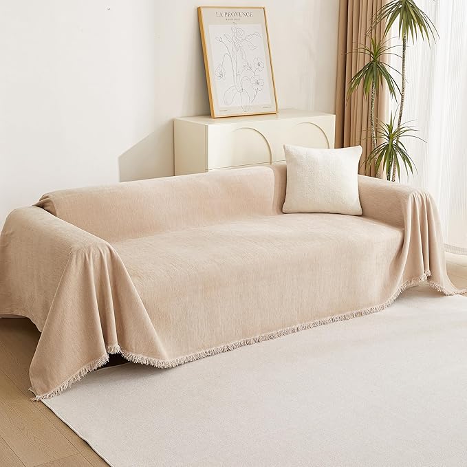 MYSKY HOME Couch Cover 3 Cushion Sofa with Tassel Chenille Sofa Covers Couch Covers for 3 Cushion Couch Sofa Slipcovers for Sectional l Shaped Couch Dogs Protector Furniture Covers, 71" X150", Khaki