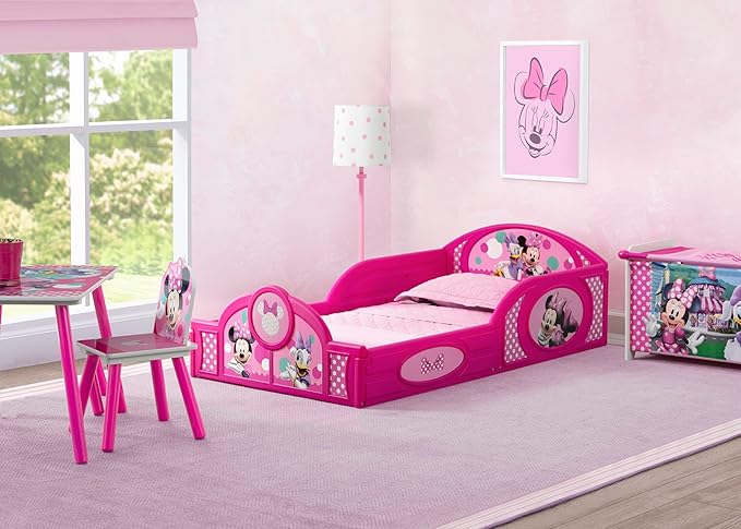 Delta Children Disney Minnie Mouse 4-Piece Toddler Room-in-a-Box Set – Includes Sleep and Play Toddler Bed, Table, 1 Chair and Toy Box, Pink