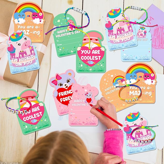 24Pack Kids Valentines Day Cards, Valentine Cards with Bead Bracelets, Valentines Day Gifts for Kids Classroom Prizes, Valentine School Exchange Gifts, Valentine’s Day Class Favors, Friendship Cards