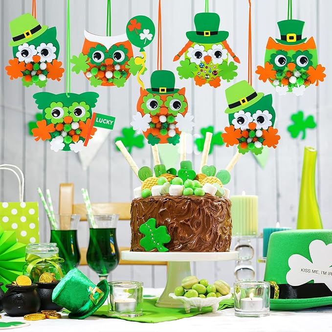 24 Sets Owl Shamrock Ornaments St. Patrick's Day Decorations Craft Kits Assorted Owl Four-Leaf Clover Lucky Shamrock Foam Stickers Pom-poms Google Eye for Kids Classroom Home Activity Gift Art Project
