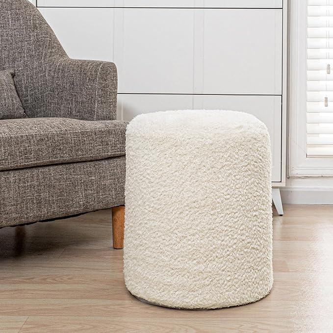 Round Ottoman Soft Chair 14.6x14.6x18 Inches Boucle Ottoman Multifunctional Ottoman Foot Rest Fluffy Fur Ottoman Stool Pouf Footrest Stool for Living Room Bedroom (Cream)