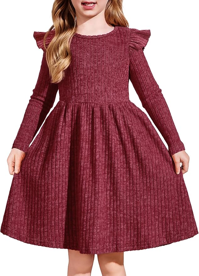 Arshiner Toddler Girl Dress Baby Girls Knitted Ruffle Sleeve Pocket Dresses A-Line Flared Fall Winter Clothes for 2-8 Years