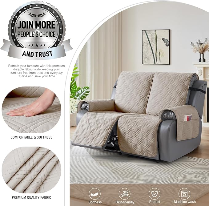TAOCOCO 100% Waterproof Loveseat Recliner Cover, Non Slip Split Loveseat Covers for Reclining Loveseat with Elastic Straps, Washable Recliner Chair/Furniture Protector for Kids Pets(2 Seater, Cream)