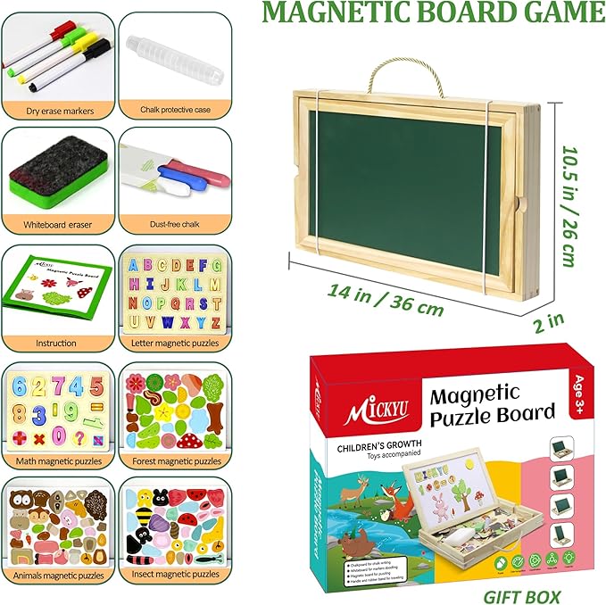 MICKYU Wooden Magnetic Board Puzzle Games, Double Sided Chalk Board Art Easel for Kids, Educational Portable Travel Toy for Kids Ages 3-5