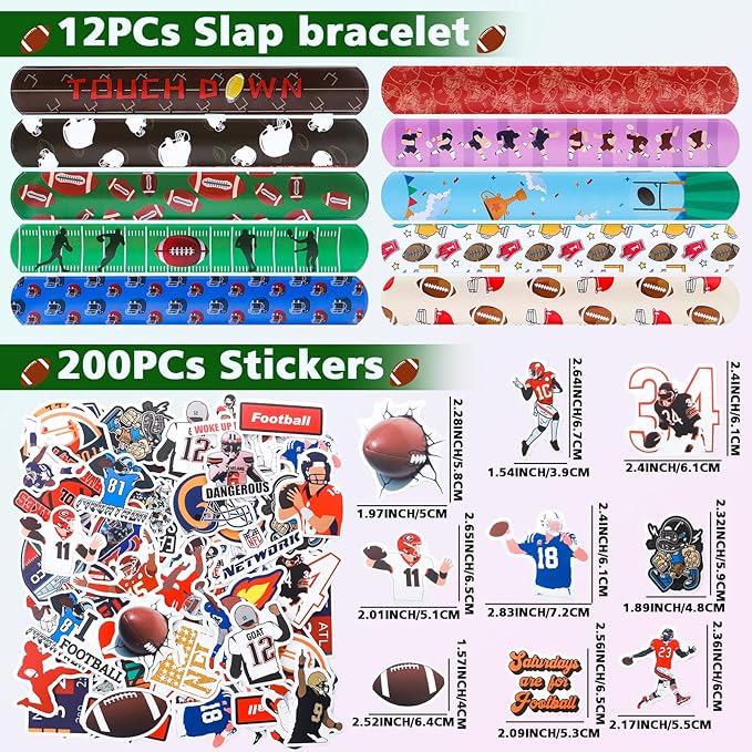 320pcs Football Party Favors with Football Party Bags Football Whistle Mini Foam Football Slap Bracelets Keychains Sticker Tattoo for Party Goodie Bag Fillers Football Party Decorations