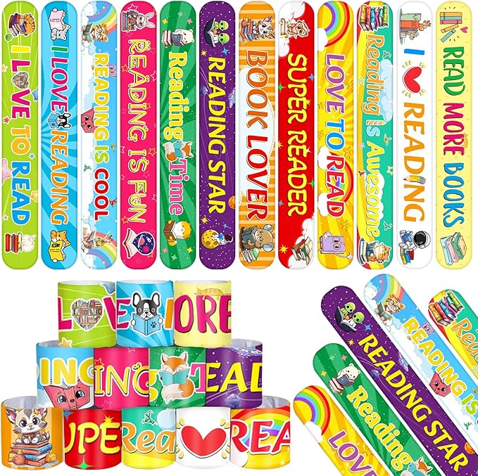 48 Pcs Reading Book Love to Read Slap Bracelets Party Favors, Book Wristbands Bracelets Goodie Bag Fillers for Reading Book Birthday Party Decorations Supplies for Kids Classroom Rewards